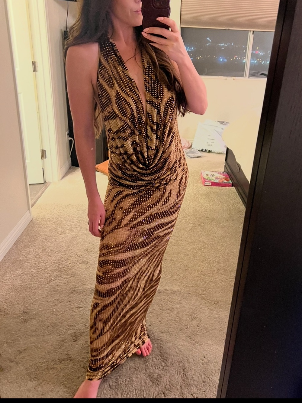 Fashion Nova Brown & Black Sequin Backless Halter Dress - Picture 4 of 7